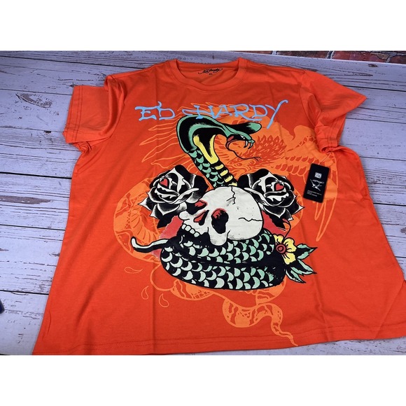 Ed Hardy Other - Ed Hardy Men's XL Orange Skull Snake Rose Tattoo Art T-Shirt NEW NWT